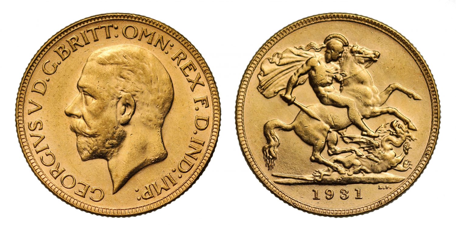 George V 1931 P Sovereign, Perth Mint, final year for small head Sovereign