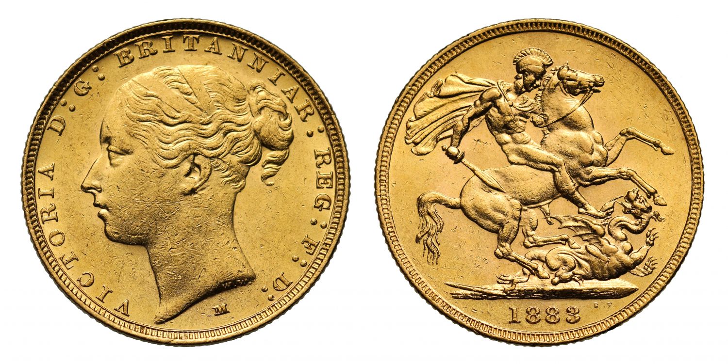 Victoria 1883 M Sovereign, W.W. raised and complete, St George reverse