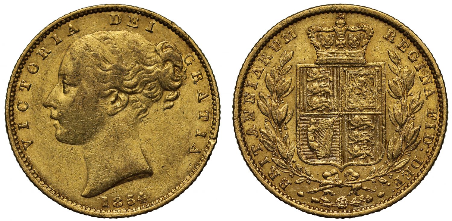 Victoria 1854 Sovereign raised W.W. on truncation, rarest variety
