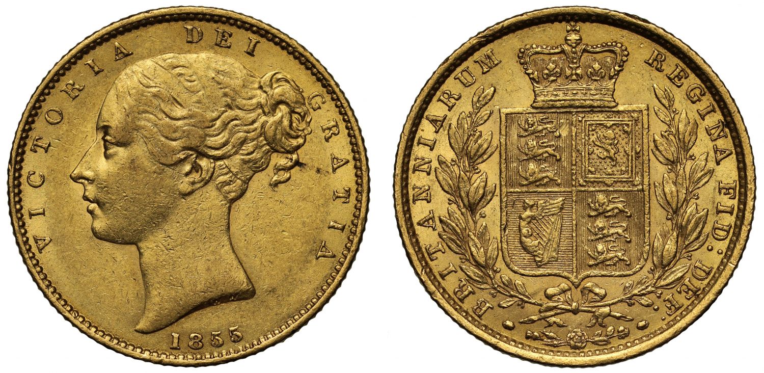 Victoria 1855 Sovereign incuse W.W. on truncation, young head, shield reverse