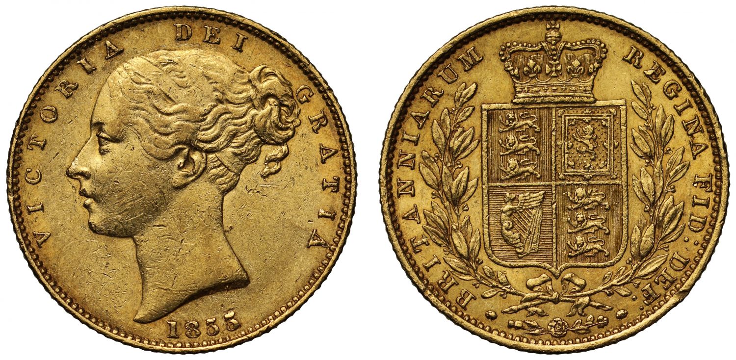 Victoria 1855 Sovereign incuse W.W. on truncation, young head shield reverse