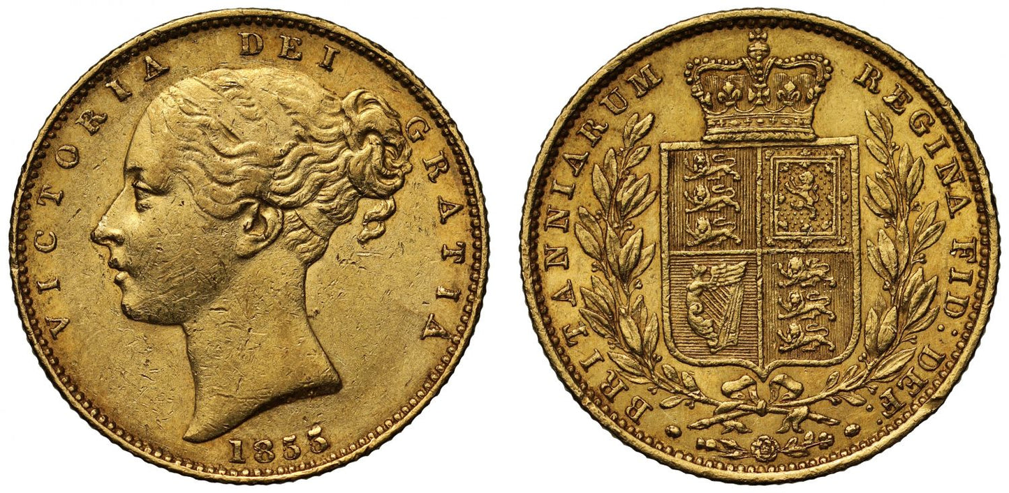 Victoria 1855 Sovereign incuse W.W. on truncation, young head shield reverse