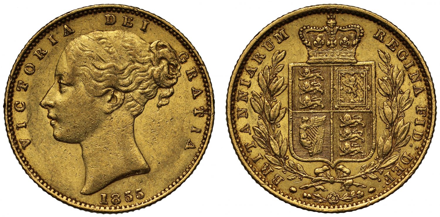 Victoria 1855 Sovereign W.W. incuse on truncation, young head, shield reverse