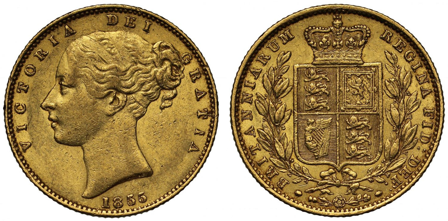 Victoria 1855 Sovereign W.W. incuse on truncation, young head, shield reverse