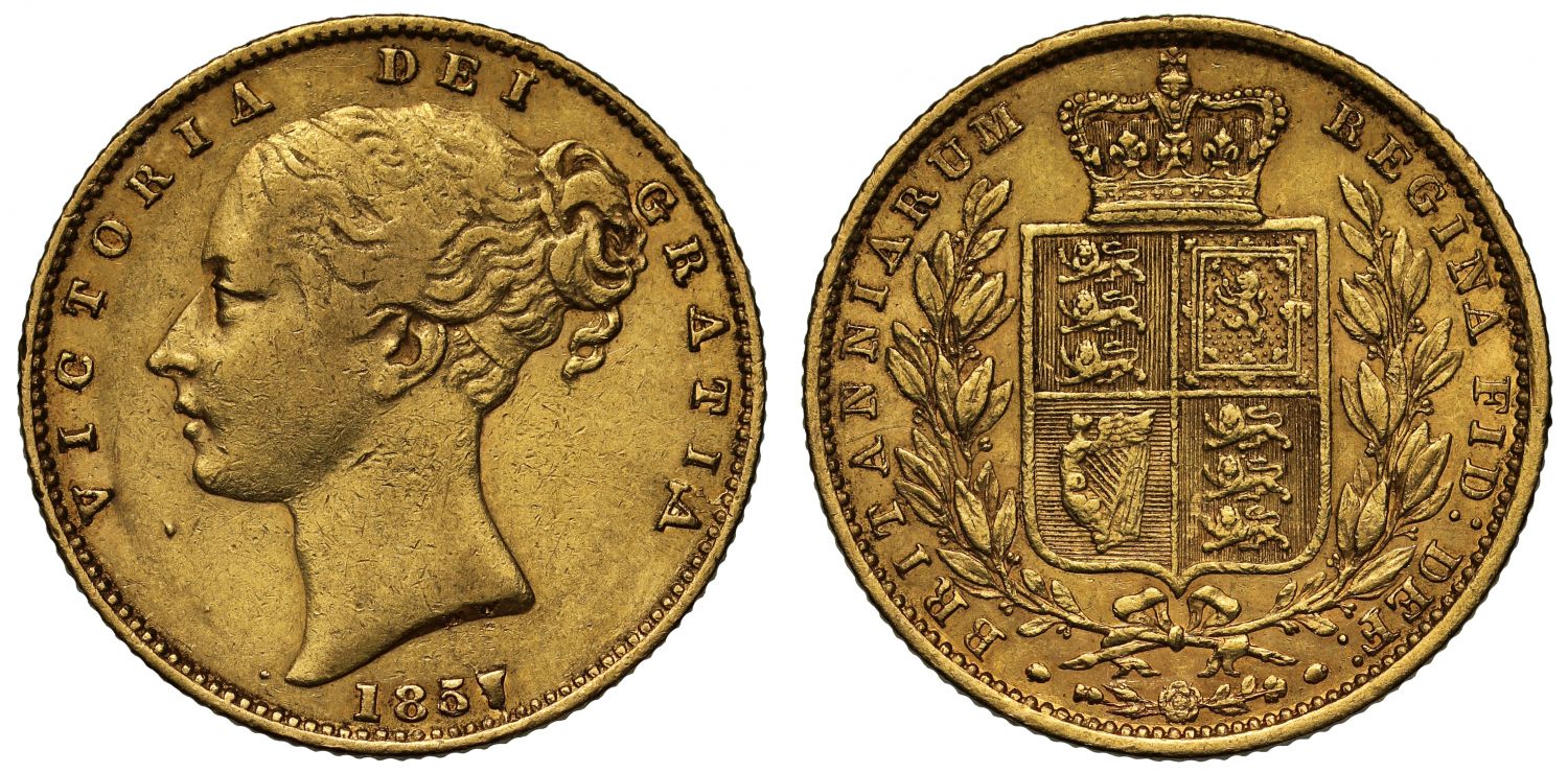 Victoria 1857 Sovereign, triangle like 7 in date due to flaw, unusual