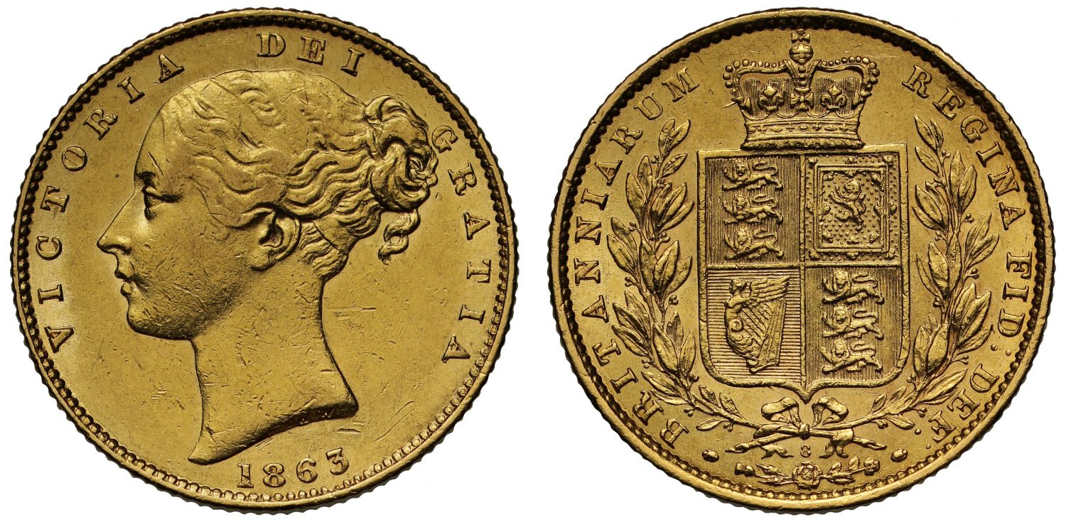 Victoria 1863 Sovereign, die number 8, shield reverse, first year for die numbers