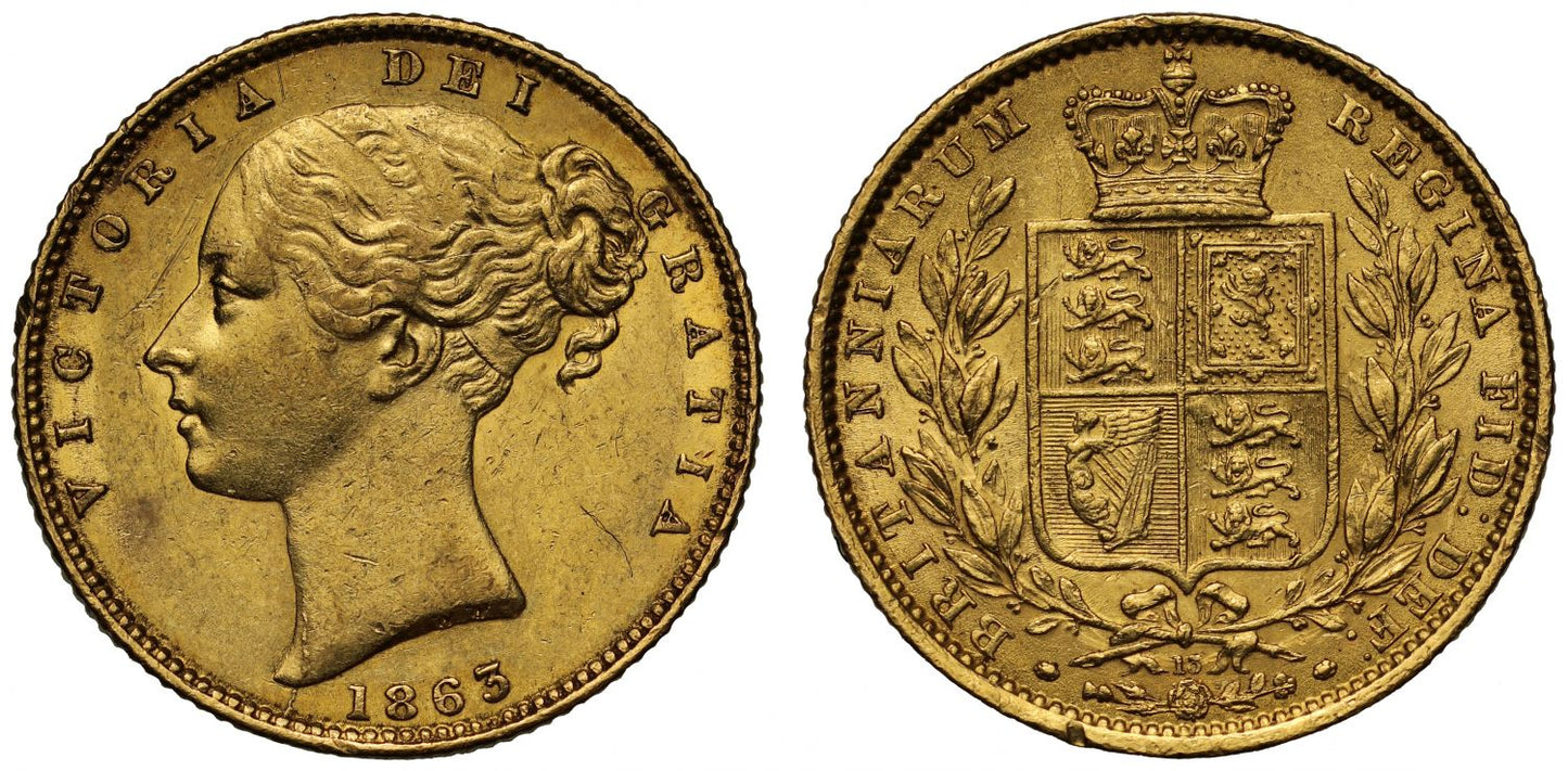 Victoria 1863 Sovereign, die number 13, young head, shield reverse