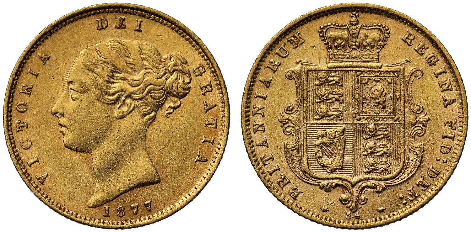 Victoria 1877 Half-Sovereign die number 54, fourth young head, AU58
