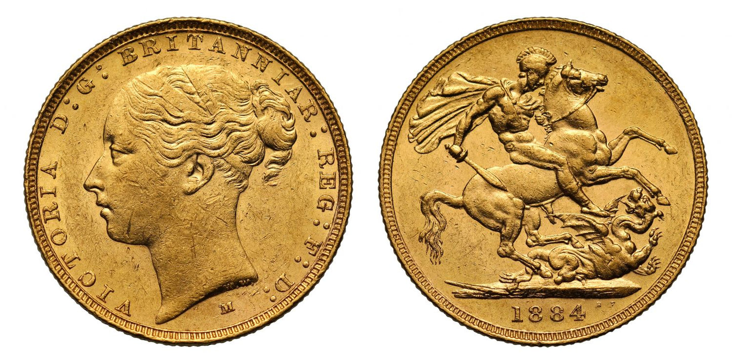 Victoria 1884 M Sovereign, W.W. complete, St George reverse, short tail