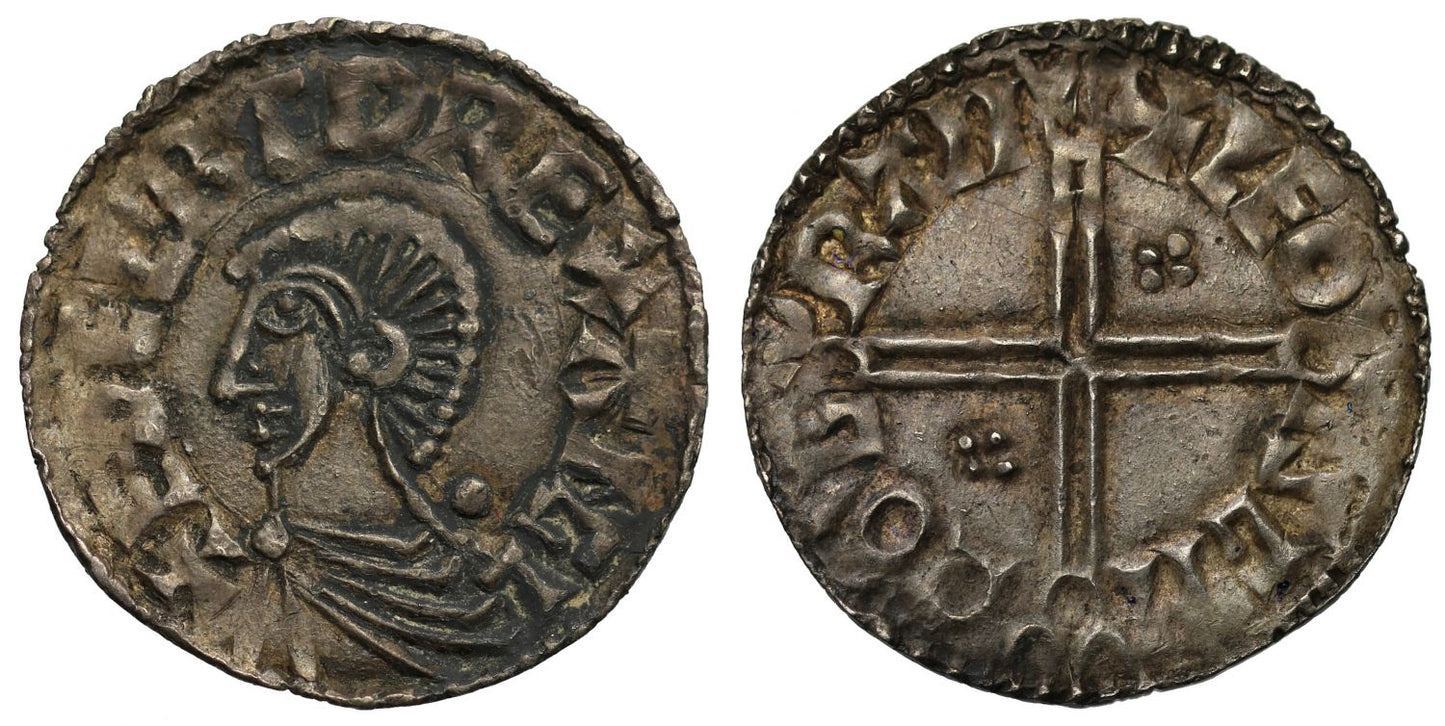 Aethelred II long cross Penny, extra pellets in angles, Cambridge Mint, Leofsige