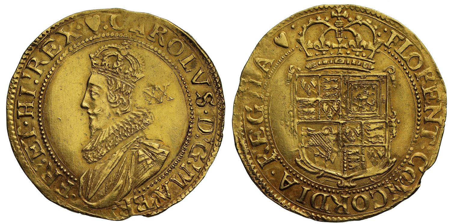 Charles I gold Unite, Tower group B, 2nd elongated bust, mm heart (1629-30)