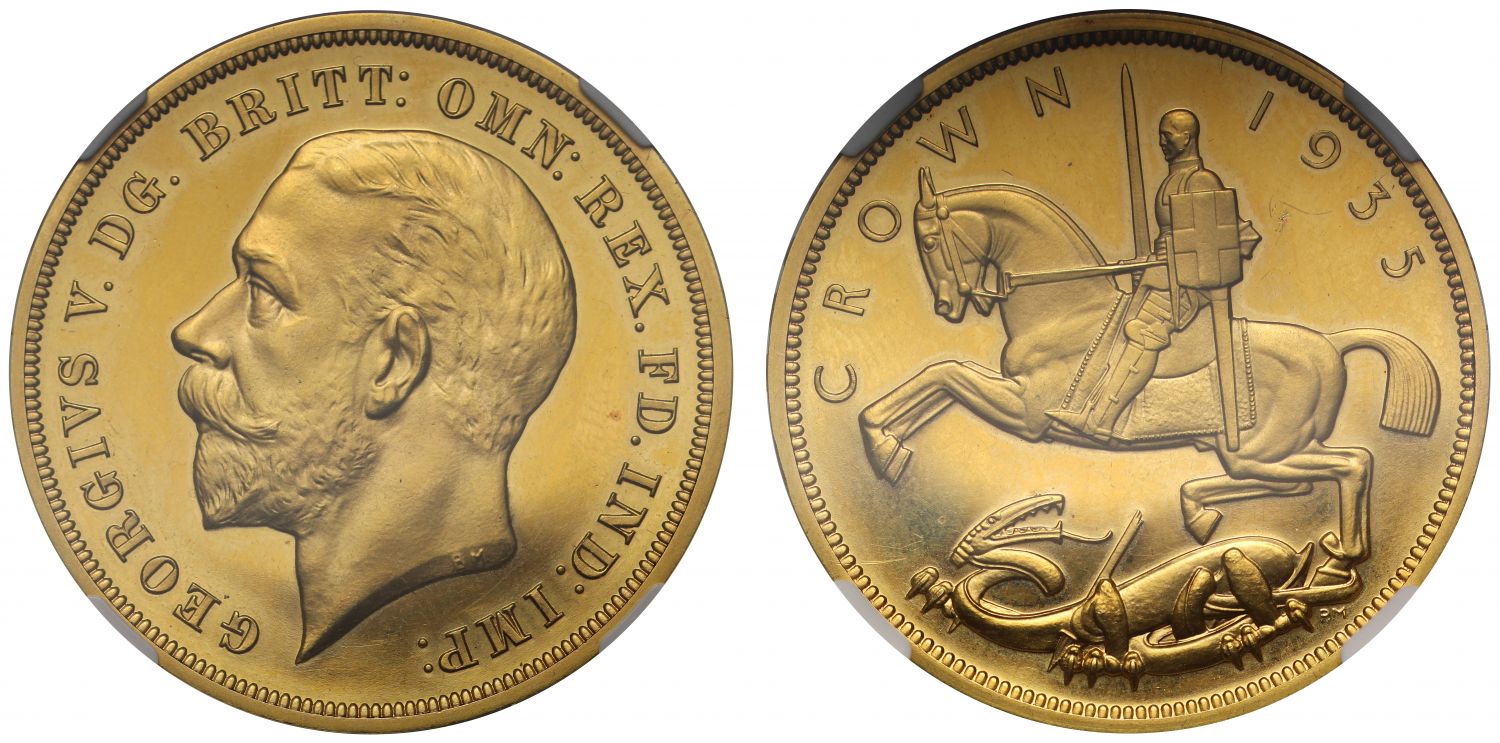 George V 1935 Jubilee Crown in gold PF63 CAMEO with original Royal Mint letters