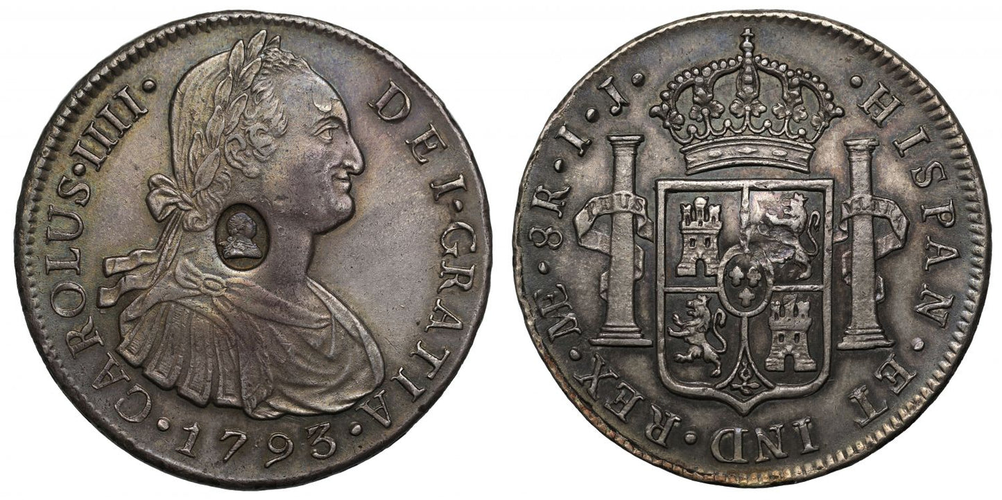 George III oval countermark upon Peru 1793 IJ 8-Reales Lima mint