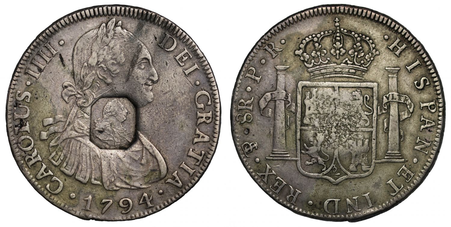 George III octagonal countermark on Bolivia 1794 PR 8-Reales, Potosi mint