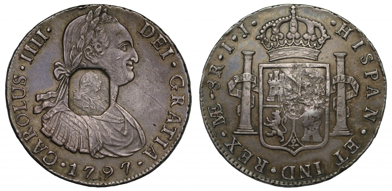 George III octagonal countermark upon Peru 1797 IJ 8-Reales, Lima mint