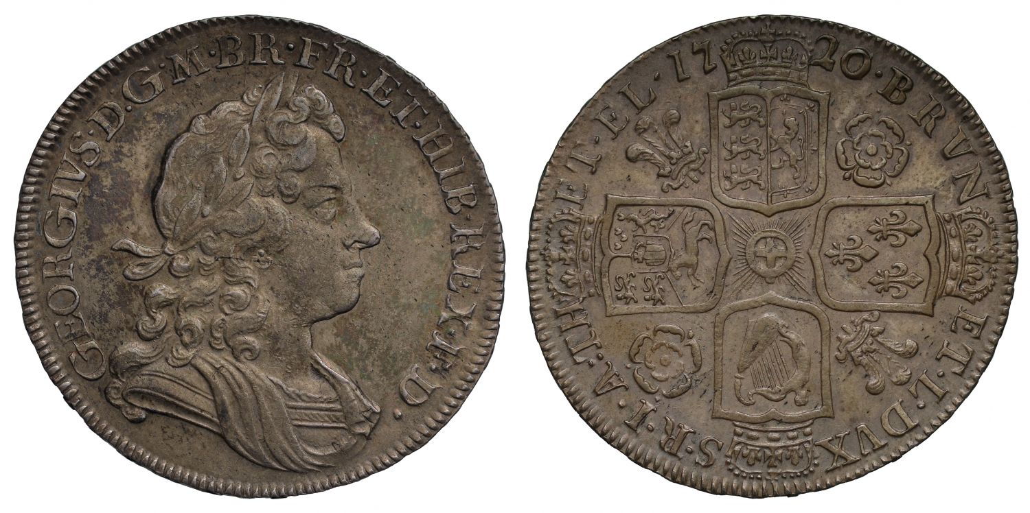 George I 1720 Halfcrown, 20 over 17, roses and plumes