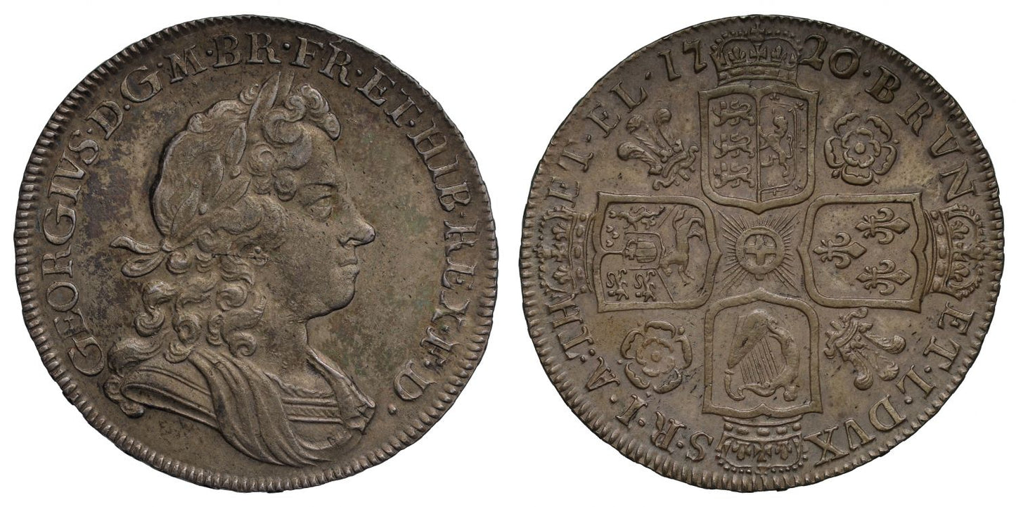 George I 1720 Halfcrown, 20 over 17, roses and plumes