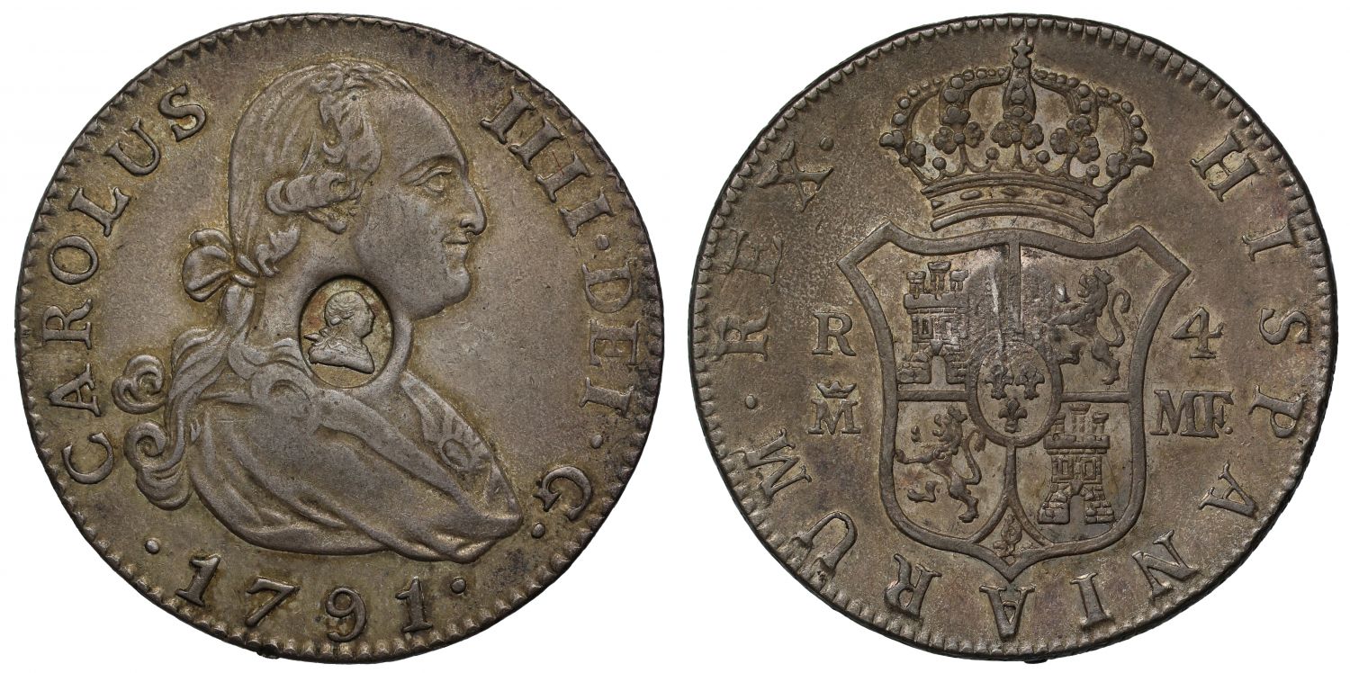 George III oval countermark on Spain 1791-MF 4-Reales, NGC AU53