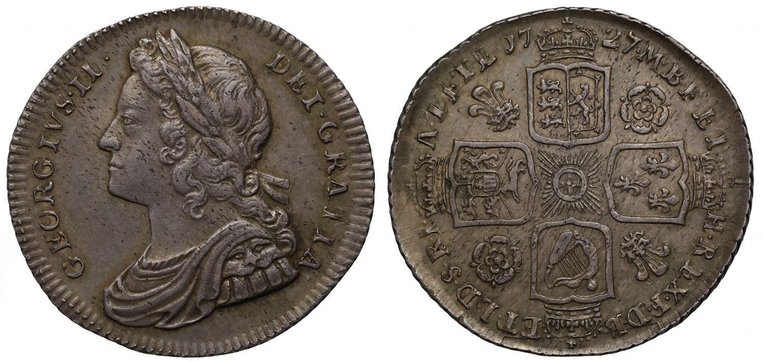 George II 1727 Shilling, roses and plumes reverse, young head