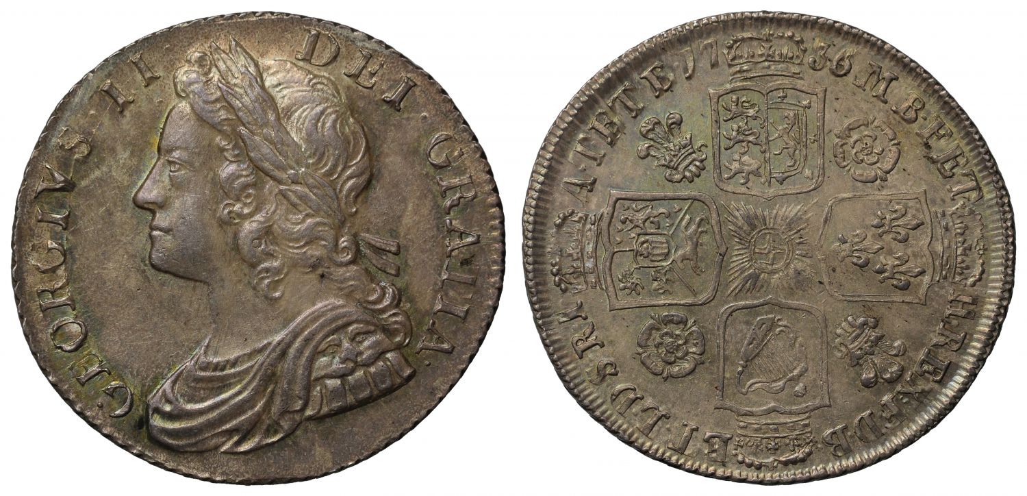 George II 1736 Shilling, 6 struck over 4 in date, roses and plumes