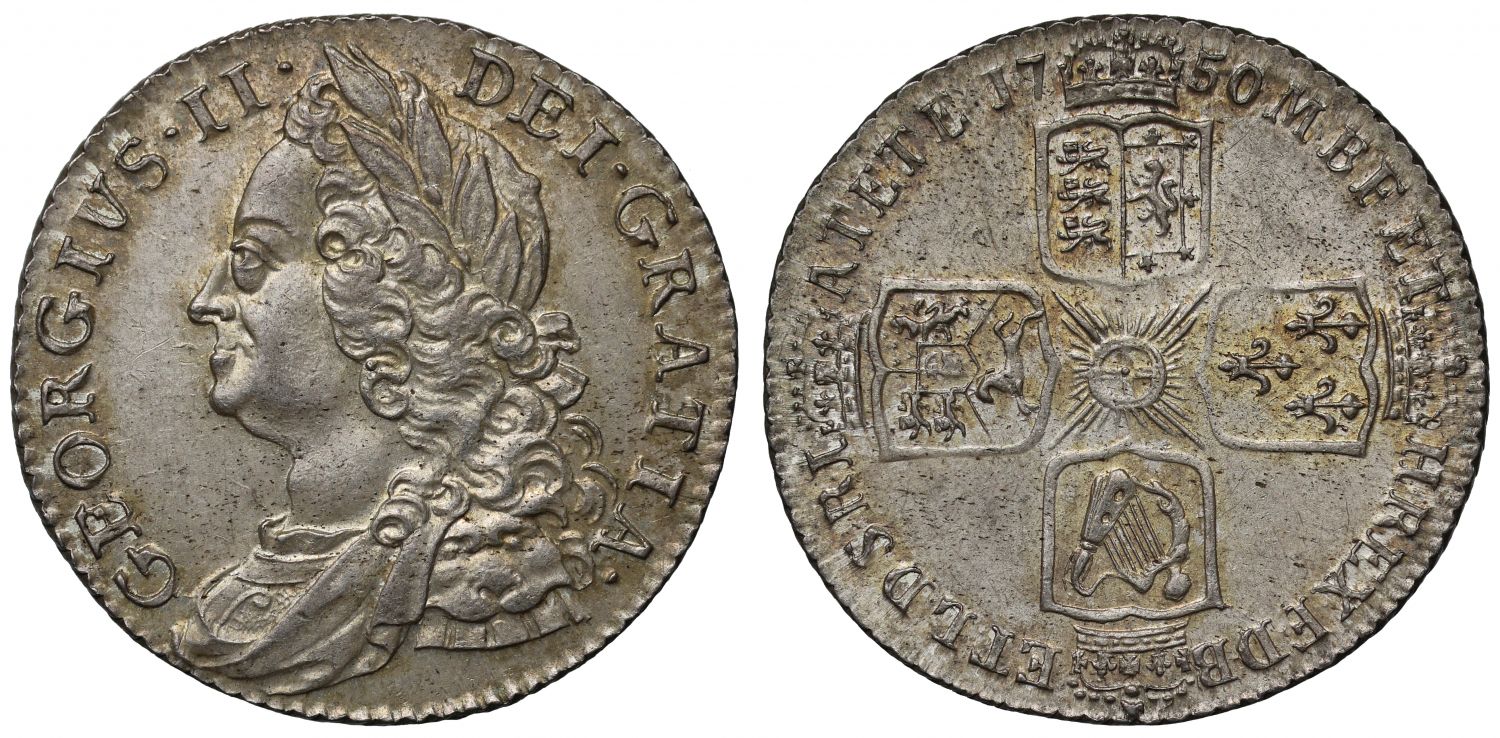 George II 1750 Shilling, thin 0 in date, older head MS64, highest graded