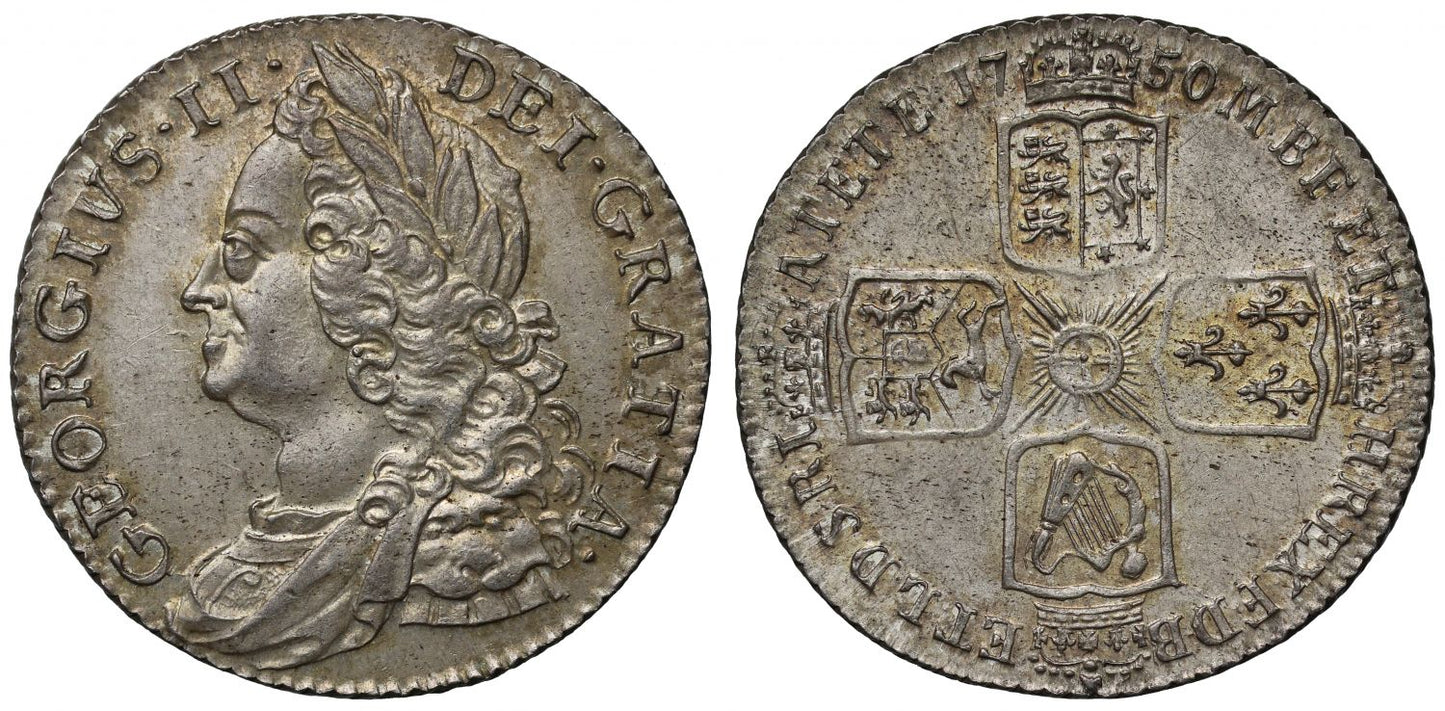 George II 1750 Shilling, thin 0 in date, older head MS64, highest graded