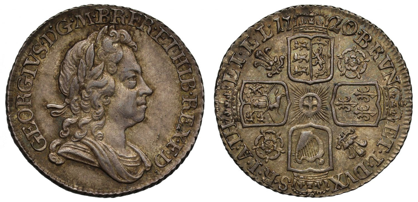 George I 1720 Sixpence, 20 of date struck over 17, roses and plumes reverse