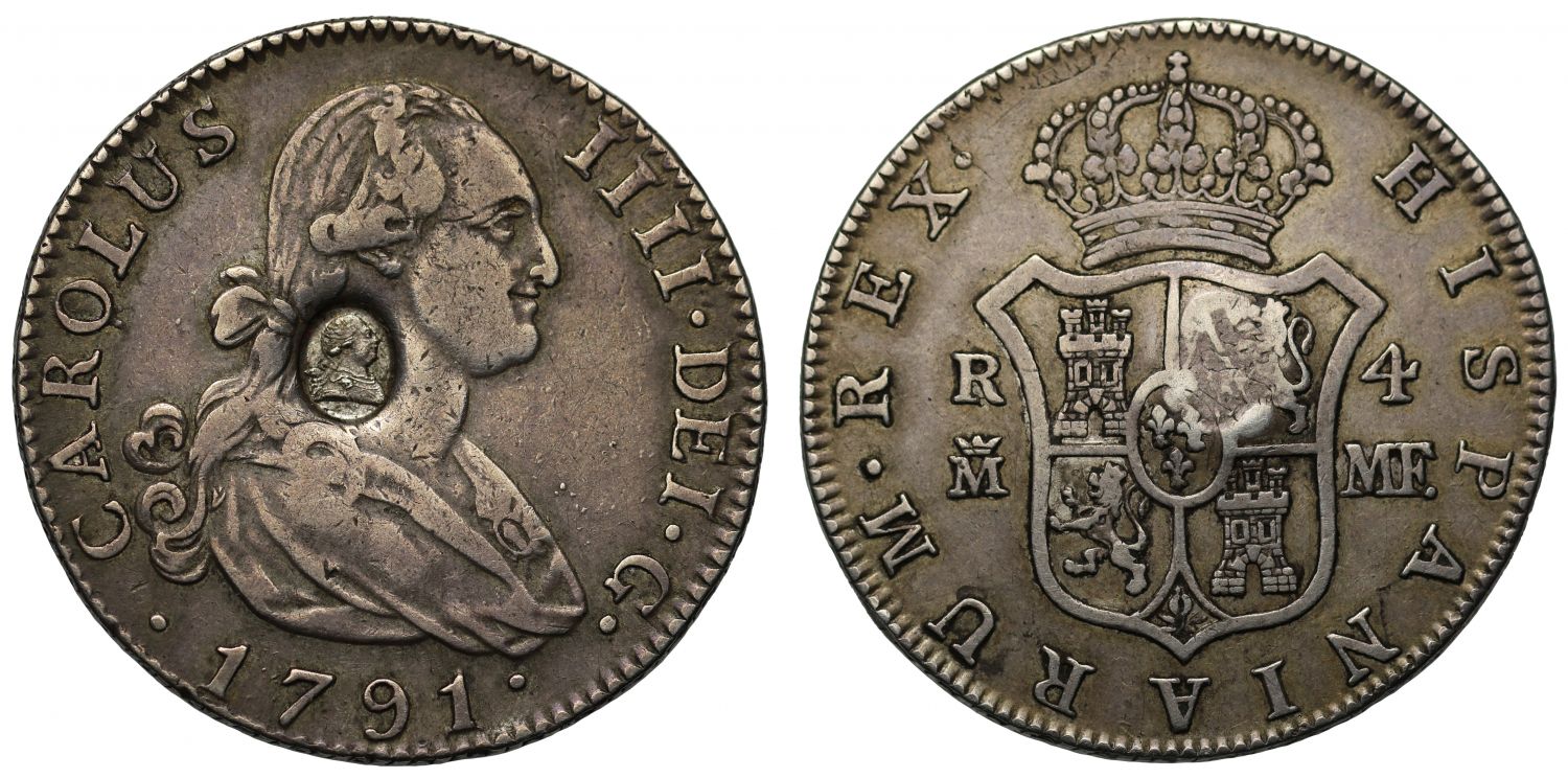 George III oval countermark on Spain 1791-MF 4-Reales