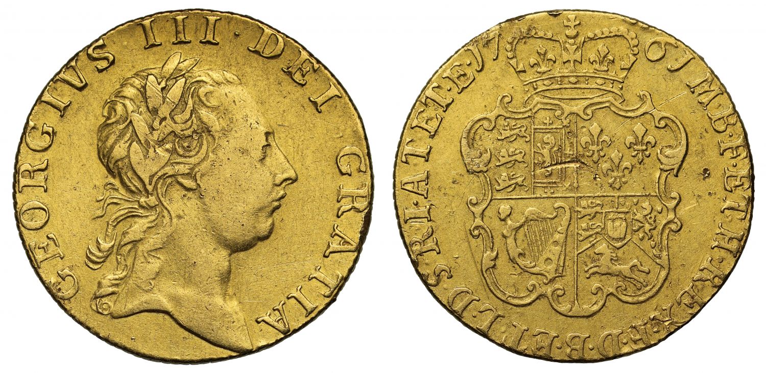 George III 1761 Guinea, first bust, two leaf top, first year, very rare