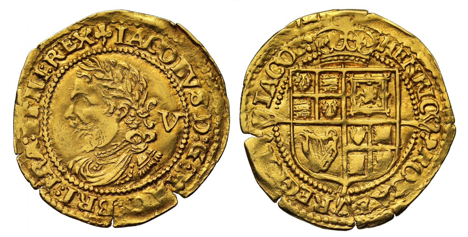 James I gold Quarter Laurel, final mint mark trefoil, bracket ties by value