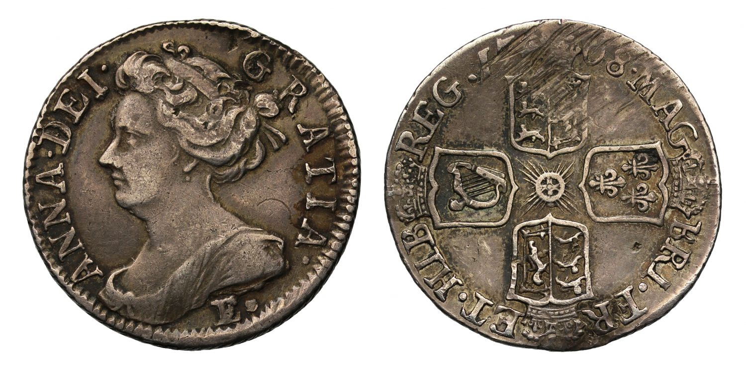 Anne 1708 E* Sixpence, Edinburgh Mint, local reverse die