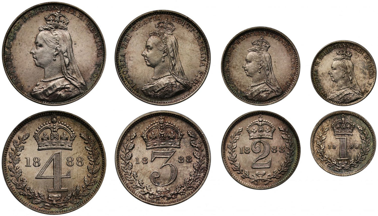 Victoria 1888 Maundy Set, first year for Jubilee head on Maundy