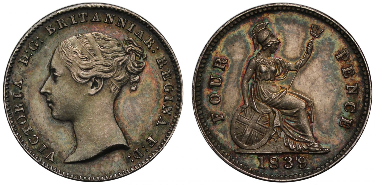 Victoria 1839 proof Groat plain edge upright die axis, as issued in the proof set