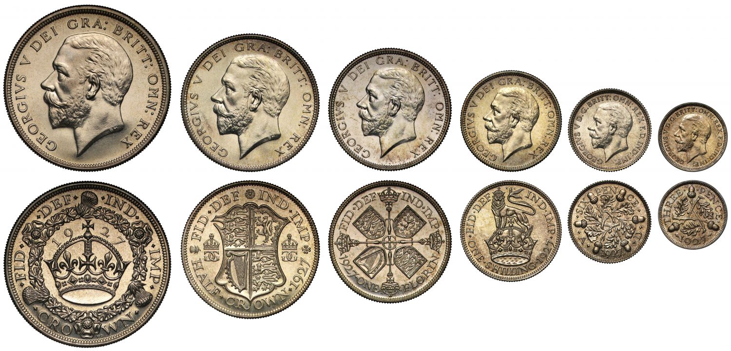 George V 1927 cased silver proof Set of the new coinage, six coins