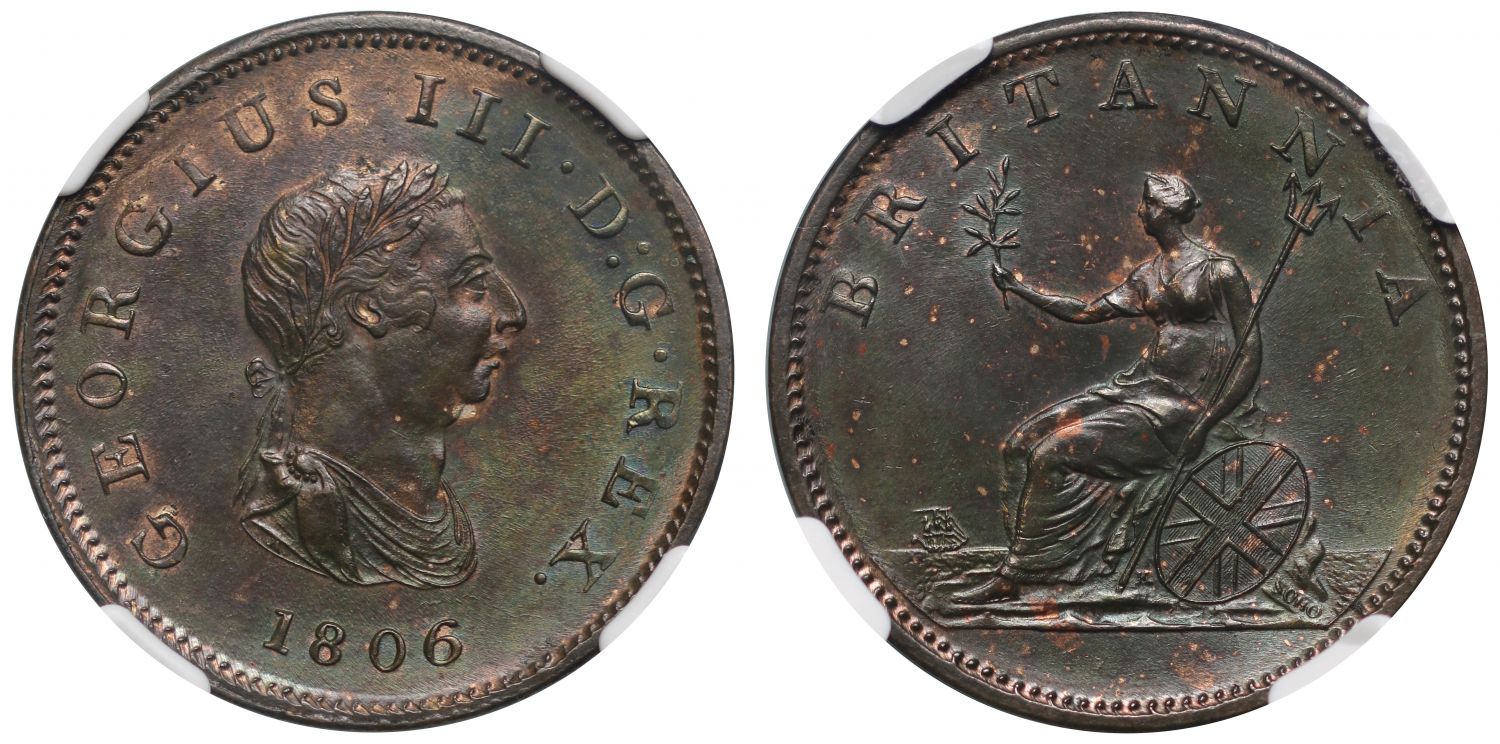 George III 1806 copper Halfpenny no berries variety, MS63 BN