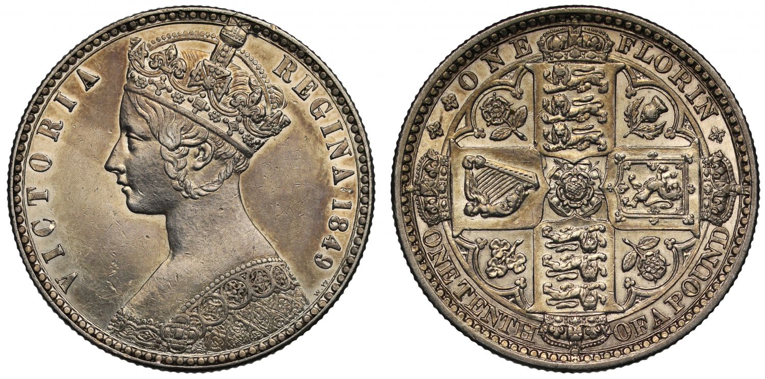 Victoria 1849 silver Florin, Godless type, W W clear behind bust