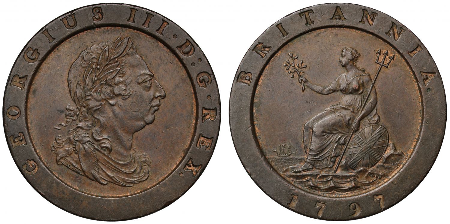 George III 1797 cartwheel Twopence, Soho Mint, largest copper coin issued