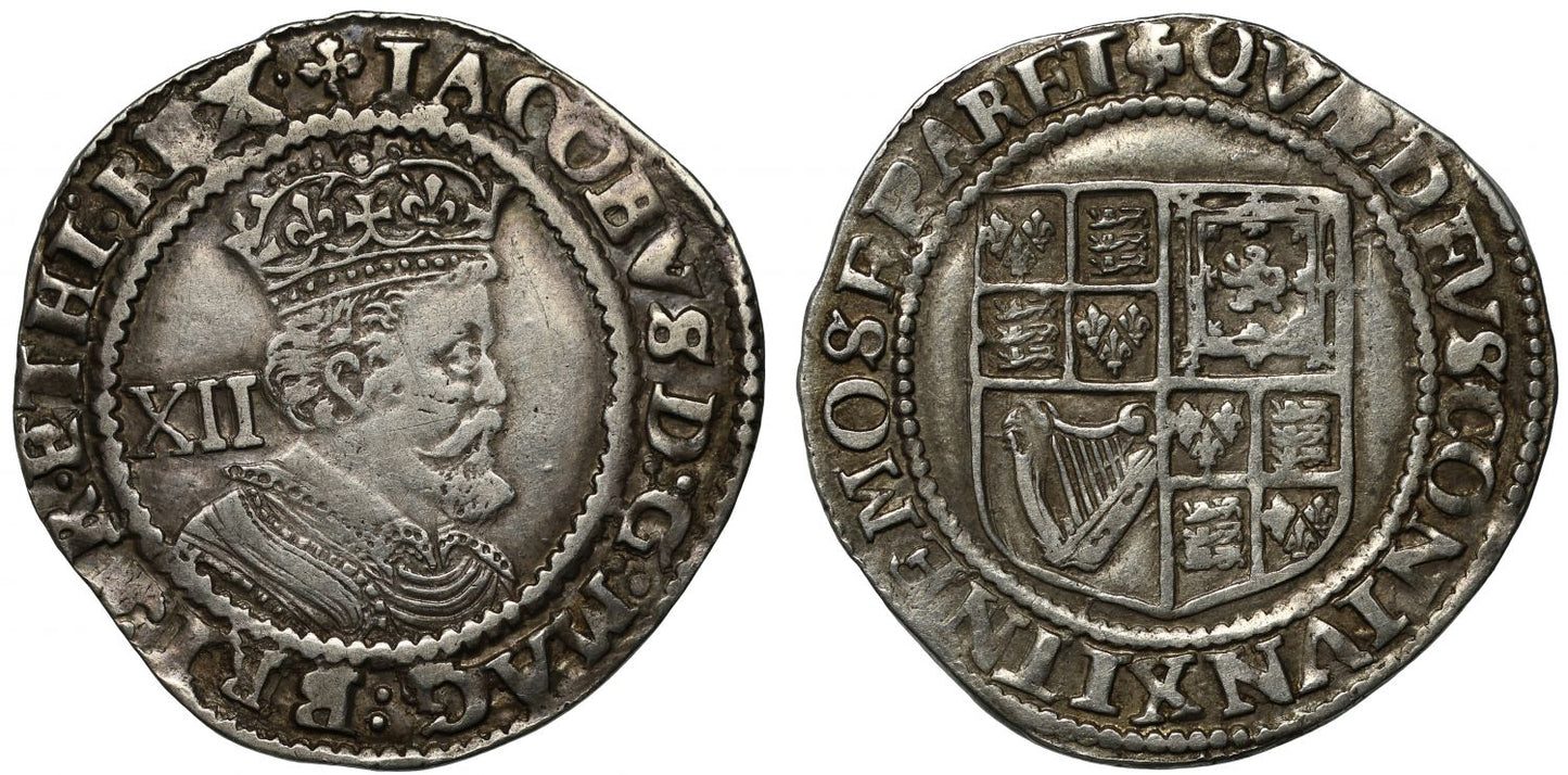 James I Shilling, third coinage, 6th bust, mm trefoil