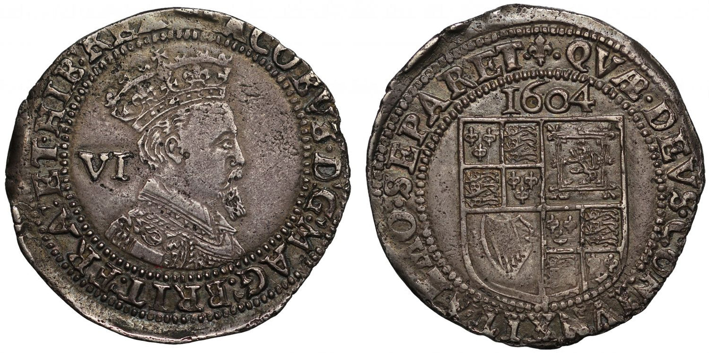 James I 1604 Sixpence, second coinage, third bust, mint mark lis