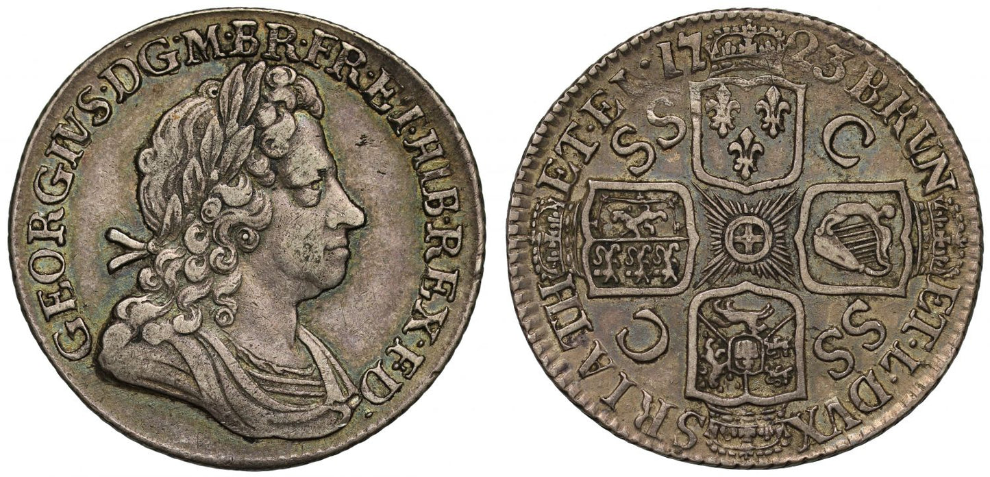 George I 1723 Shilling, shields on reverse in wrong order, French arms at date