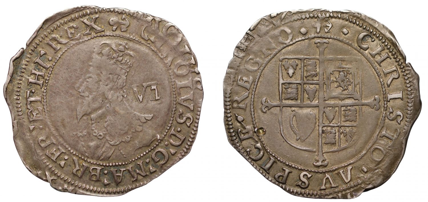 Charles I Sixpence Tower mint, initial mark anchor, group E, 5th bust