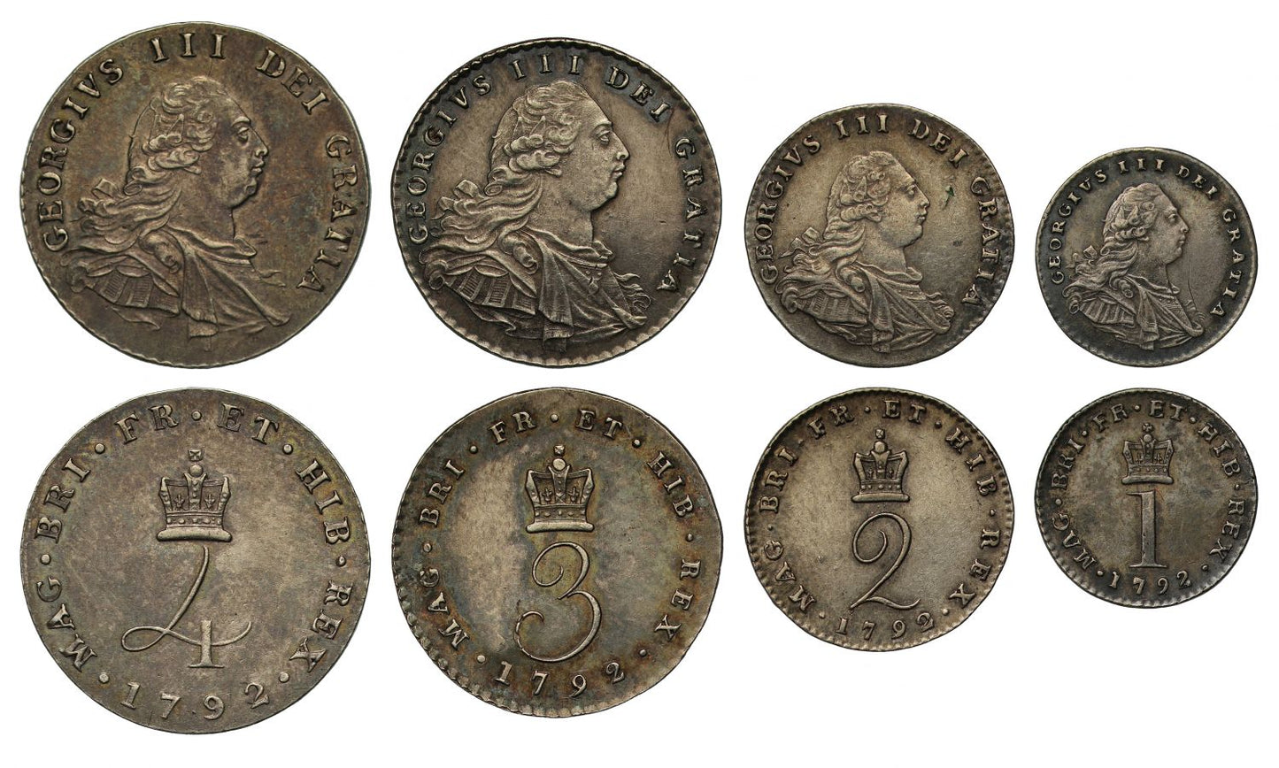 George III 1792 Maundy Set, "wire" money one year only type