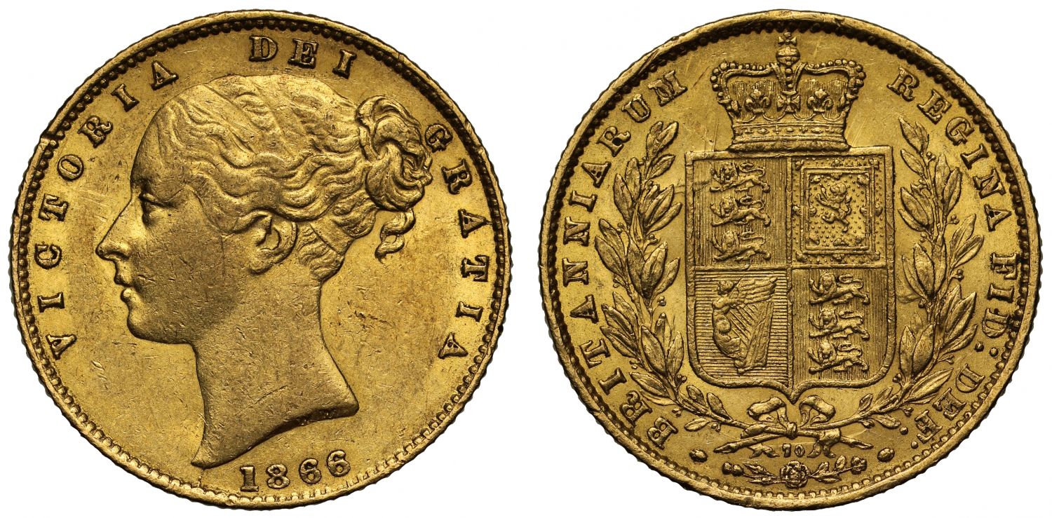 Victoria 1866 Sovereign, die number 70, young head, shield reverse