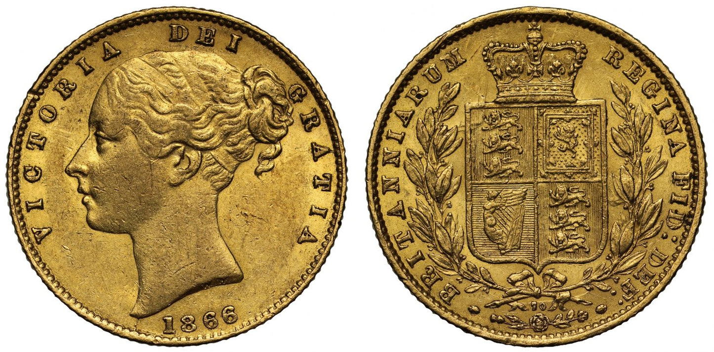 Victoria 1866 Sovereign, die number 70, young head, shield reverse
