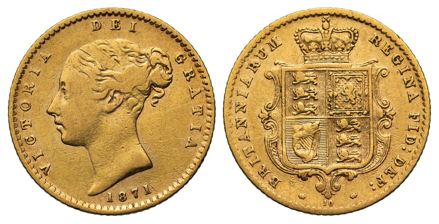 Victoria 1871 Half-Sovereign, second young head, die number 10, coarse border