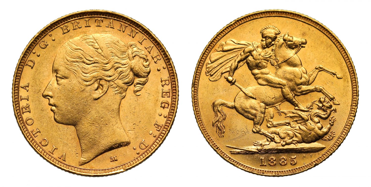 Victoria 1885 M Sovereign, WW complete, St George reverse, short tail