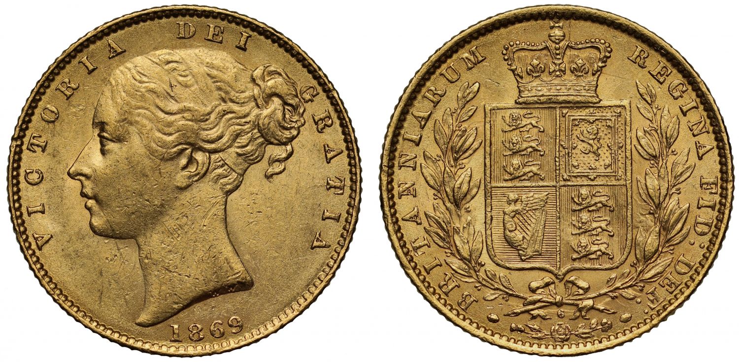 Victoria 1869 Sovereign, die number 6, young head, shield reverse