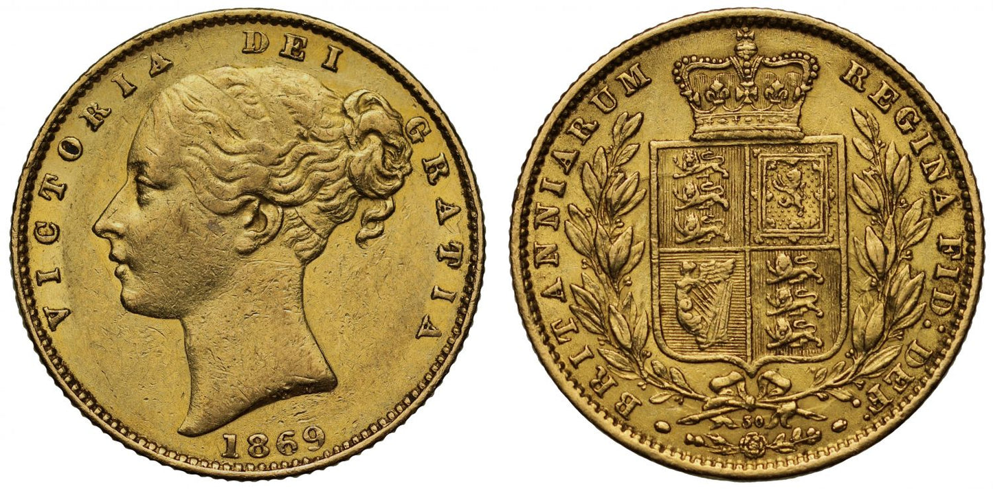 Victoria 1869 Sovereign, die number 30, young head, shield reverse