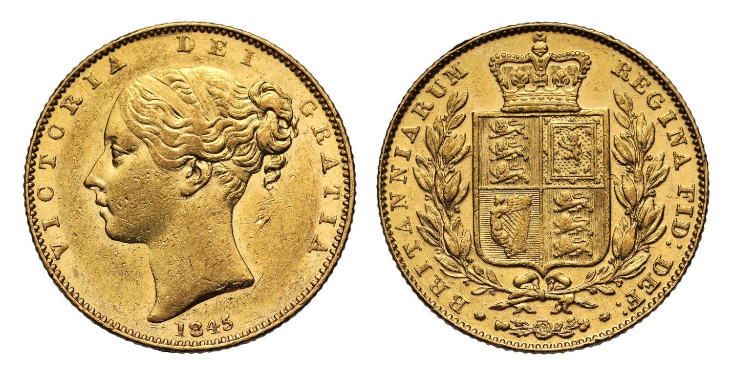 Victoria 1845 Sovereign, first young head