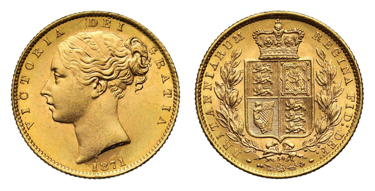 Victoria 1871 Sovereign, shield reverse, die number 30